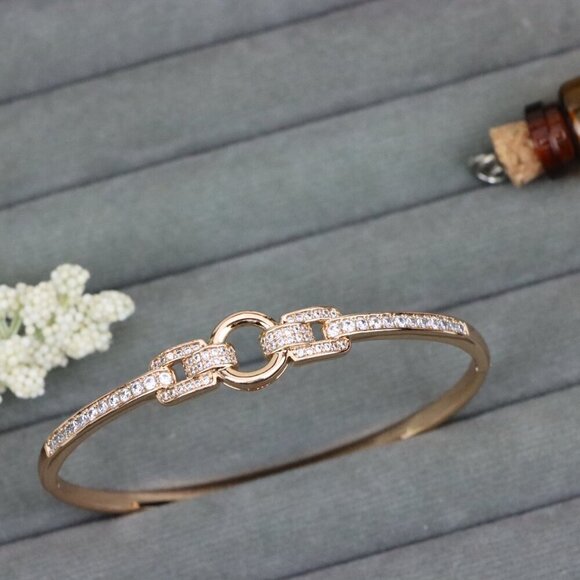Elegant Rose Gold Bangle with Dual Loop Link and CZ Accents, XPBL0514 - Picture 1 of 12